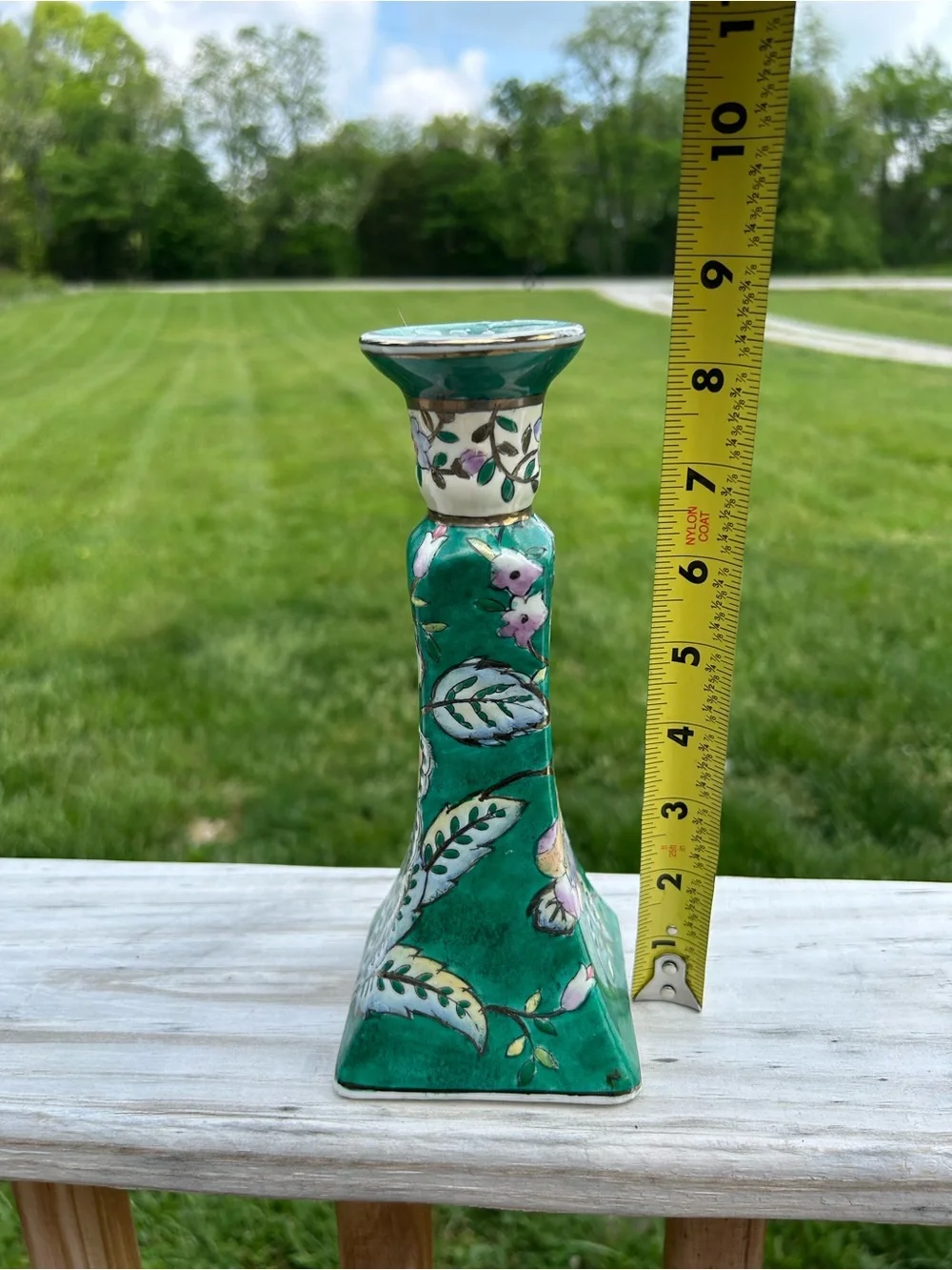 Vintage Japanese Candle Stick Holder Floral‎ Green Cottagecore Gold Tone Trim